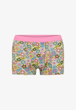 Boxer-briefs pour hommes avec une ceinture rose et un motif de fleurs souriantes colorées en bleu, rose, blanc, vert et jaune sur un fond clair.