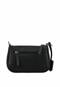 Borsa a tracolla nera in pelle con texture a granulato, chiusura superiore con zip, due tasche frontali con zip e tracolla regolabile.