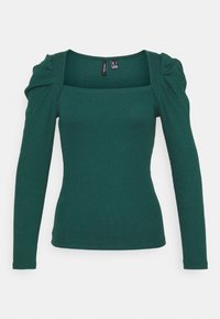 Grön långärmad topp med fyrkantig halsringning och puffärmar, tillverkad av ribbat tyg. Figursydd design med en enkel finish.