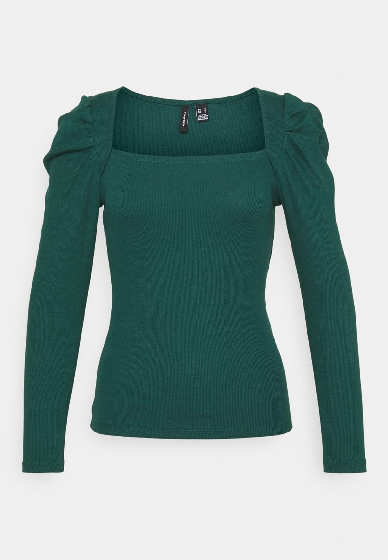 Grön långärmad topp med fyrkantig halsringning och puffärmar, tillverkad av ribbat tyg. Figursydd design med en enkel finish.