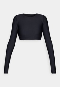 Svart crop-top med lange ermer, laget av glatt, elastisk materiale. Har en rund halslinning og et minimalistisk design med rett kant.