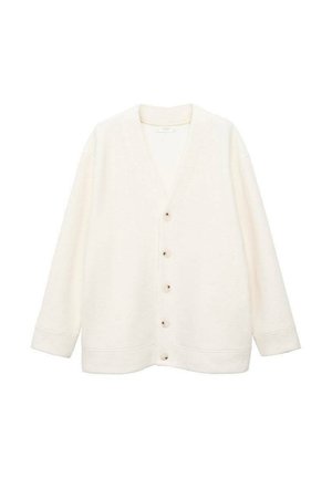 Gilet couleur crème avec un col en V, manches longues et boutons en bois sur le devant. Texture douce avec une coupe décontractée, design minimaliste.