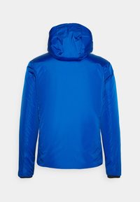 Giacca puffer blu con cappuccio, caratterizzata da una texture liscia e lucida e polsini elastici. Il design è minimalista, senza hardware visibile.