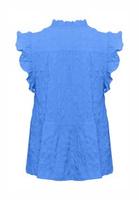 Blaue, leicht gerüschte Bluse mit kurzen Rüschensälen, hohem Kragen und geraffter Taille für eine ausgestellte Silhouette.
