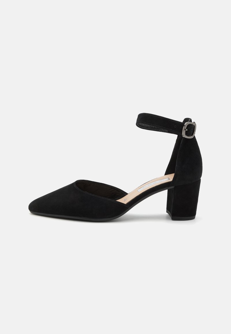 Black suede high-heeled shoe with a pointed toe and ankle strap, featuring a block heel and a smooth texture. No patterns or accents.