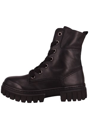 Bottines en cuir noir avec une semelle en caoutchouc épaisse, bout arrondi, devant à lacets et œillets métalliques pour les lacets. Finition en cuir texturé.