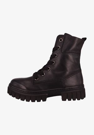 Bottines en cuir noir avec une semelle en caoutchouc épaisse, bout arrondi, devant à lacets et œillets métalliques pour les lacets. Finition en cuir texturé.