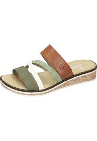 Groene, witte en bruine leren sandaal met kruisschoenen, een gevoerd voetbed en een met kurk omhulde wigzool.