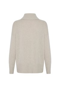 Pull en tricot beige avec un col haut côtelé, des épaules tombantes et un ourlet côtelé. Texturé et doux, avec une coupe décontractée et des détails minimaux.