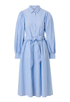 Blå og hvide lodrette stribede midi-skjortekjole med lange ærmer, puffede ærmer, knaplukning foran, krave og bælte med bindebånd ved taljen.