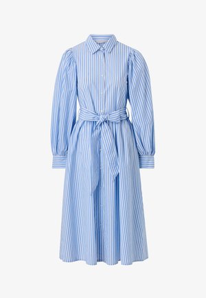 Blå og hvide lodrette stribede midi-skjortekjole med lange ærmer, puffede ærmer, knaplukning foran, krave og bælte med bindebånd ved taljen.