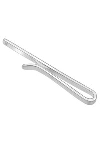 Clip de cravate en métal argenté avec un design élégant et allongé. Texture lisse et polie avec une légère courbure, présentant un style minimaliste.