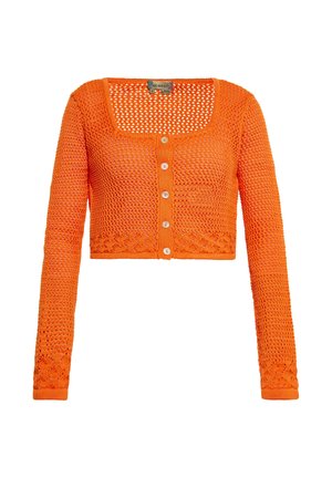 Kärry oranssi virkattu lyhyt cardigan, jossa on pitkät hihat ja etupainikkeet, ja joka sisältää monimutkaisia kuvioita hihoissa ja helmassa.