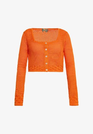 Leuchtend orangefarbener gehäkelter kurzer Cardigan mit langen Ärmeln und Vorderknöpfen, der aufwendige Muster an den Bündchen und dem Saum aufweist.