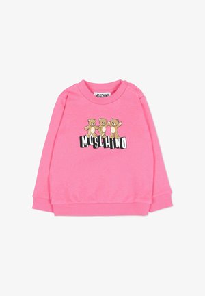 Różowa dziecięca bluza z długim rękawem z trzema misiami i logo tekstowym "MOSCHINO" na przodzie, z prążkowanymi mankietami i dekoltem oraz guzikami na ramionach.