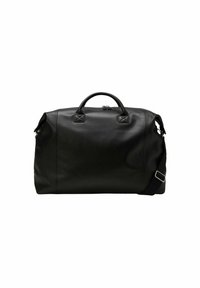 Sac de voyage en cuir noir doté de deux poignées supérieures, d'une bandoulière amovible et d'une fermeture éclair. Texture lisse, design minimaliste.