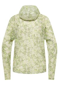 Veste à capuche légère de couleur vert pâle, présente un motif marbré avec des accents foncés. Manches longues, texture lisse et coupe ajustée.