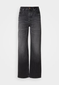 Zwarte denim jeans met wijde pijpen en een hoge taille, vijf zakken, knoopsluiting en een subtiele vervaagde textuur. Dikke stof met een gestructureerde pasvorm.