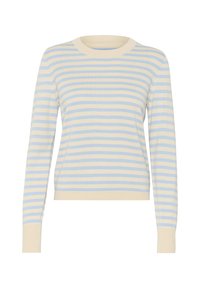 Pull rayé bleu clair et crème, avec un col rond, des manches longues et des poignets côtelés. Texture en maille douce.