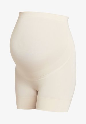 Világos bézs színű kismamáknak készült rövidnadrág, rugalmas anyagból. Magas derékú és a comb közepéig ér, hogy támogassa és kényelmes viseletet nyújtson.