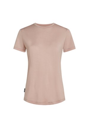 T-shirt rose clair à manches courtes et col rond avec une petite étiquette noire sur la couture latérale gauche, présenté sur un fond blanc.