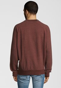Sudadera de color óxido con puños y dobladillo acanalados, que presenta una tela texturizada y mangas raglán. Vista desde la parte posterior.