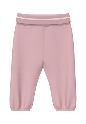 Weiche rosa Babyhosen mit elastischem Bund, der einen einzelnen hellen Streifen und elastische Bündchen an den Knöcheln aufweist.