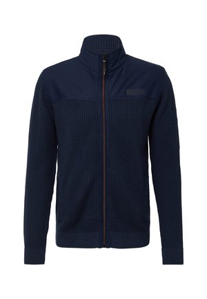 Marine blauwe zip-up jas met een textuur gebreid lichaam, een gladde bovenkant, ribgebreide kraag en manchetten, en met een contrasterende rits en badge detail.