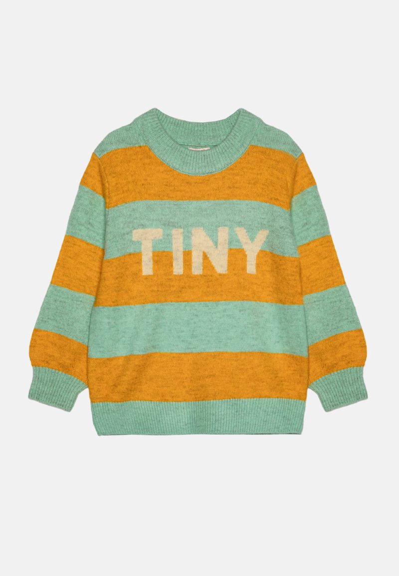 Zöld és narancssárga vízszintes csíkos kötött pulóver, melynek elején a "TINY" felirat krémszínű, bordázott nyakkal és mandzsettákkal.