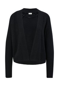 Schwarze, gerippte Strickjacke mit tiefem V-Ausschnitt, langen Ärmeln und einer lockeren Passform. Die Textur ist weich und hat ein mittleres Gewicht.