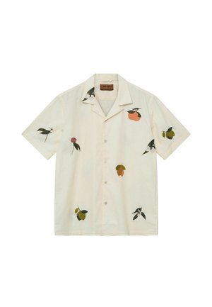 Cremefarbenes Kurzarmhemd zum Knöpfen mit Camp-Kragen, versehen mit bestickten, mehrfarbigen Frucht- und Blattmotiven, die auf der Vorderseite verteilt sind.