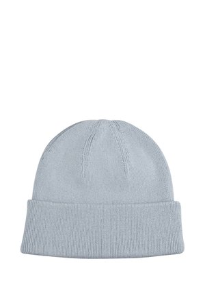 Hellblauer gestrickter Beanie mit umgeschlagenem Bund, von vorne auf weißem Hintergrund dargestellt.