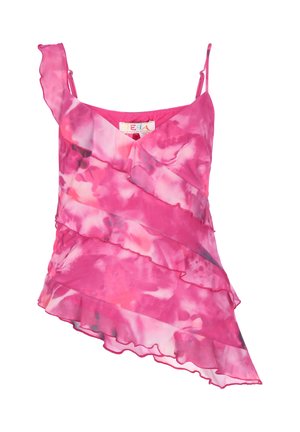 Pink batikfarvet asymmetrisk ærmeløs top med flæselag og tynde justerbare stropper.