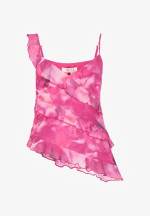 Różowy asymetryczny top na ramiączkach z efektem tie-dye, warstwami z falbanek oraz cienkimi regulowanymi ramiączkami.