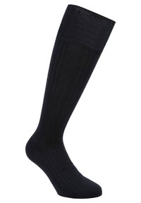 Calcetines negros hasta la rodilla, hechos de una tela acanalada, con una textura suave y un puño reforzado para un ajuste seguro.
