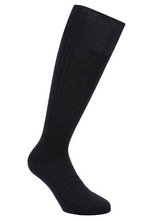 Calcetines negros hasta la rodilla, hechos de una tela acanalada, con una textura suave y un puño reforzado para un ajuste seguro.