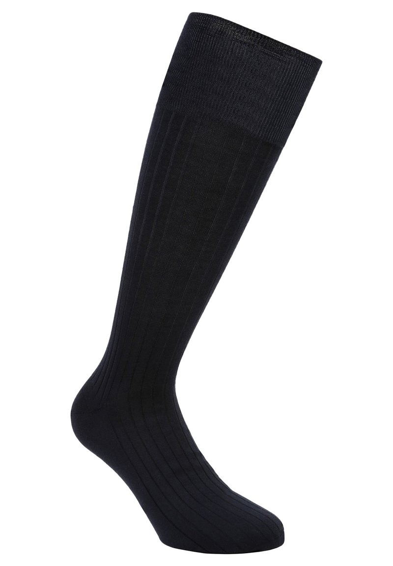Calcetines negros hasta la rodilla, hechos de una tela acanalada, con una textura suave y un puño reforzado para un ajuste seguro.