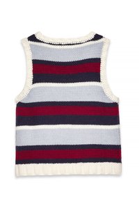 Pull sans manches en tricot avec des rayures alternées en bleu marine, rouge, bleu clair et blanc. Fil texturé et ourlet ondulé.