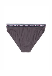 Dunkelgraue Baumwollunterwäsche mit einem weiß und farbigen gestreiften Bund, auf dem "HIS" aufgedruckt ist. Das Design zeichnet sich durch eine klassische Low-Rise-Form und eine glatte Textur aus.