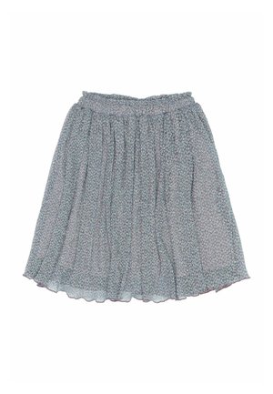 Spódnica w kwiatowy wzór z lekkiego materiału, z elastycznym pasem i rozkloszowanym dołem, w przeważających odcieniach niebieskiego i zielonego.