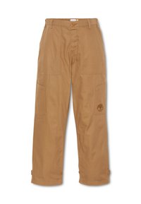 Khaki work pants, made of durable fabric, feature multiple pockets, a button closure, and embroidered logo on the thigh.