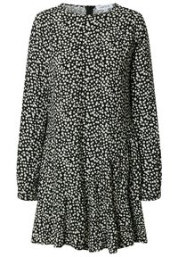 Schwarzes Kleid mit langen Ärmeln, rundem Ausschnitt und Stufenkleid. Besitzt ein kleines weißes Blumenmuster auf dem Stoff. Reißverschlussverschluss auf der Rückseite.