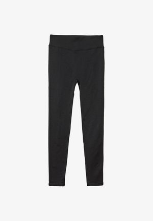 Leggings neri realizzati in materiale elasticizzato, progettati con una vita alta e una texture liscia e sinuosa. Nessun motivo o accentuazione visibile.