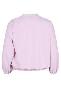 Felpa corta color lilla con maniche a sbuffo lunghe, orlo elasticizzato e texture del tessuto liscia, arricchita da dettagli con bottoni sulle spalle.