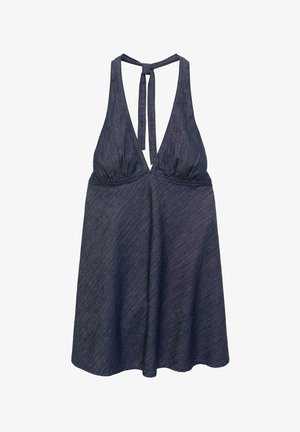 Dunkelblaues Neckholderkleid mit tiefem V-Ausschnitt und Bindverschluss am Rücken, mit geraffter Brust und A-Linien-Rock.