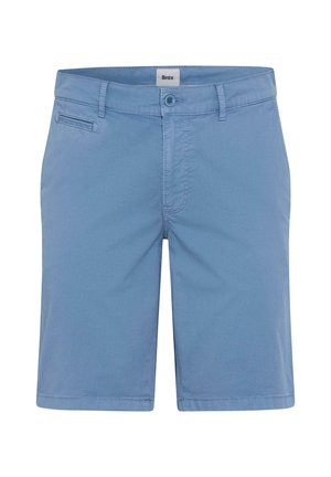 Helleblaue, knielange Baumwollshorts für Herren mit vorderer Knopfleiste, Reißverschluss, Gürtelschlaufen und einer kleinen Fronttasche.