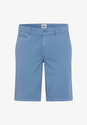 Helleblaue, knielange Baumwollshorts für Herren mit vorderer Knopfleiste, Reißverschluss, Gürtelschlaufen und einer kleinen Fronttasche.