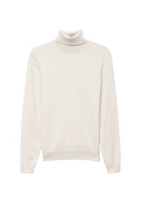 Sweter z golfem w kremowym kolorze, wykonany z miękkiego materiału dzianinowego. Posiada długie rękawy, wysoki ściągacz w okolicy szyi i subtelną teksturę na całej powierzchni.
