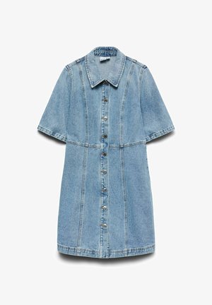 Rochie din denim albastru deschis cu mâneci scurte, închidere frontală cu nasturi, guler și cusături verticale, afișată pe un fundal alb.