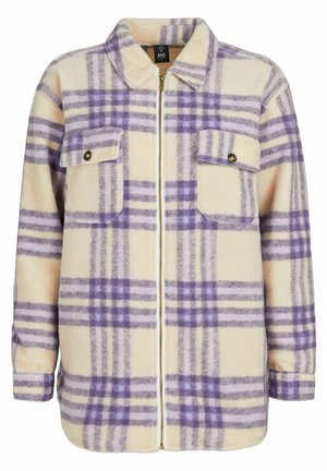 Fleece geruiten jas in crème en paars, met een ritssluiting, twee voorzakken met knopen en een kraagontwerp.